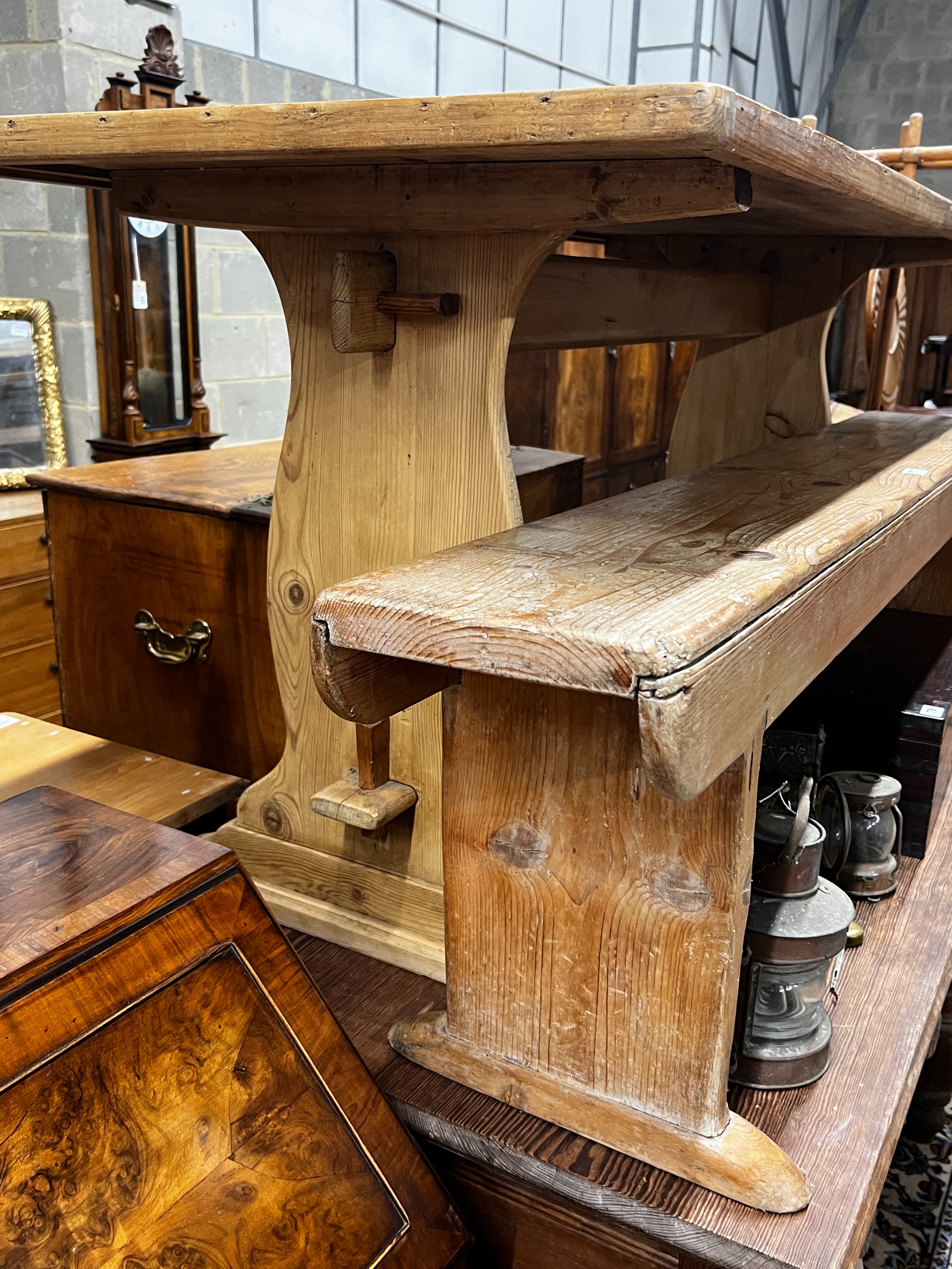 A rectangular pine refectory table, length 150cm, width 67cm, height 72cm and a 19th century pine bench